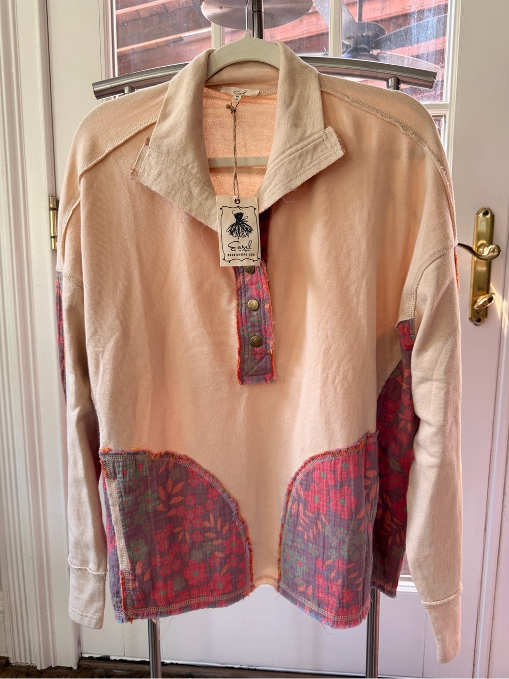 easel Peach Long Sleeve Pullover with Floral Patch Details